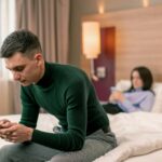 couple in the room hotel people hold smartphones their hands do not communicate with each other